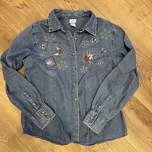 Holiday Editions Women's Blue Holiday Themed Denim Button Up Blouse Large